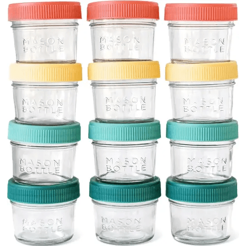 Mason Bottle 12 Piece Glass Green Storage Containers | Jars | Reusable, Airtight, Stackable, Freezable | 12-Pack | with Lids