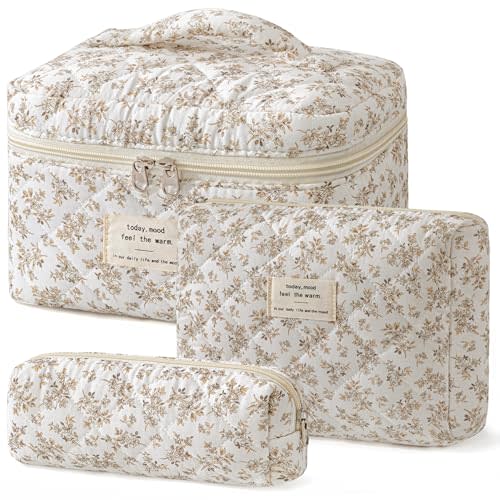 HBselect Quilted Makeup Bag, 3PCS Cotton Large Travel Makeup Bag, Cute Floral Coquette Make up Bag Cosmetic Bag Toiletry Bag for Women Girls