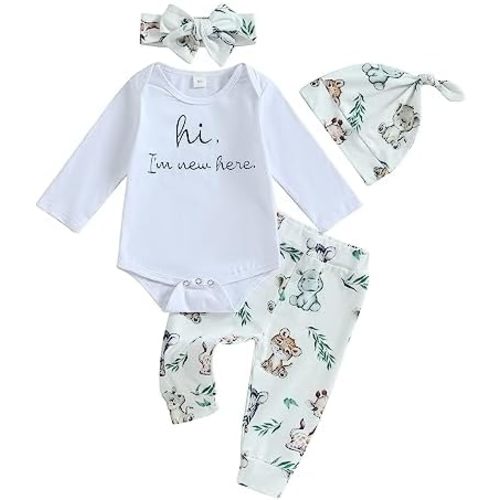 Newborn Baby Boy Girl Clothes Im New Here Letter Printed Romper Bodysuit Pants with Hat Coming Home Outfits