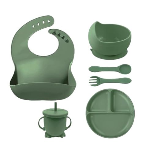 Generic Silicone Baby Feeding Set with Suction Plates, Bowl, Silicone Bibs, Forks and Spoons for Babies (Green Olive), Medium, A1112