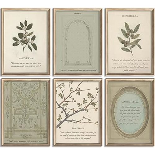 Sage Green Christian Wall Art Vintage Green Bible Paintings Decor Botanical Scripture Religious Poster Prints Artwork for Living Room Family Prayer Room Scene Home Decoration 8x10x6 Inch Unframed