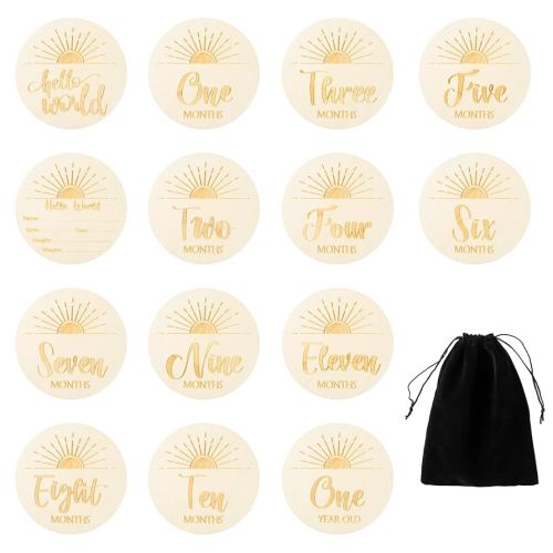 R HORSE 8Pcs Wooden Baby Monthly Milestone Cards with Birth Announcement Sign, Engraved Boho Sun Hello World Baby Months Sign, Newborn Monthly Milestone Discs Nursery Decor Gift Photo Props for Boy Girl