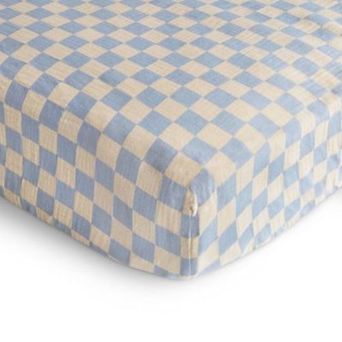 Mushie Extra Soft Muslin Crib Sheet - Blue Check