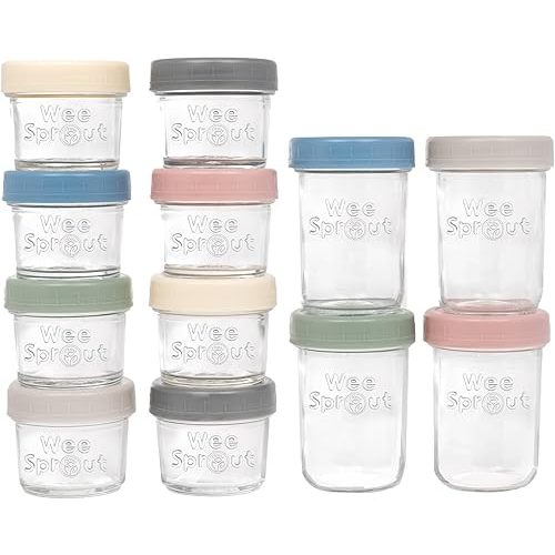 WeeSprout Glass Baby Food Storage Jars w/ Lids (4/8 oz, 12 Pack Set) Snack, Reusable Small Containers, Breast Milk, Fridge, Freezer, Microwave & Dishwasher Safe, Essential Must Have for Infants
