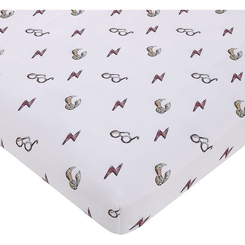 NoJo Warner Brothers Harry Potter White, Red, and Gold Lightning Bolt, Golden Snitch and Glasses Nursery Fitted Mini Crib Sheet