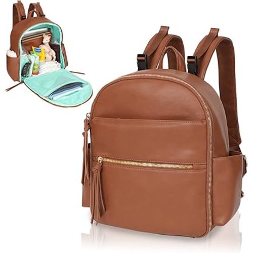 MOMINSIDE Small Diaper Bag Backpack, Mini Diaper Bag with 11 Pockets, Leather Travel Baby Bag for Baby Girls, 2 Insulated Pockets, Stroller Straps, Baby Registry (Brown)
