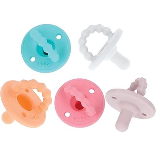 Nuby Silicone Softees Pacifier and Teethers - (5-Pack) Silicone Baby Pacifiers and Teethers - 0+ Months - Assorted Pastel Colors