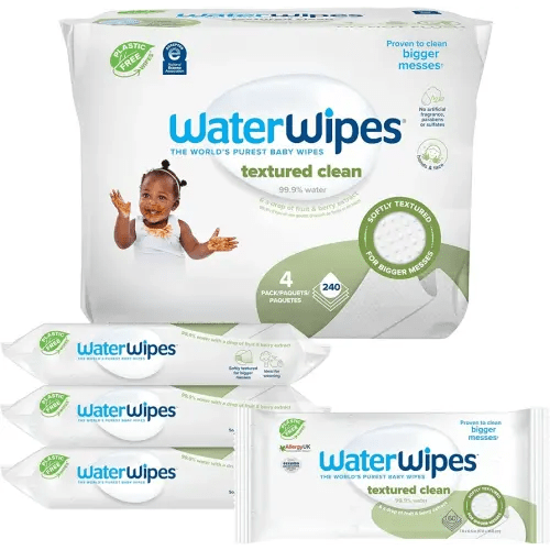 WaterWipes Plastic-Free Textured Clean, Toddler & Baby Wipes, 99.9% Water Based Wipes, Unscented & Hypoallergenic for Sensitive Skin, 60 Count (Pack of 4), Packaging May Vary