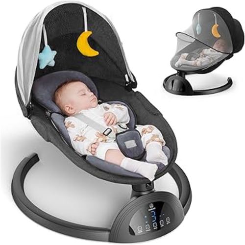 Electric Baby Swing for Infants to Toddler, Bluetooth Baby Rocker with Music Speaker, Protable Bouncer, 5 Sway Speeds 6 Seat Positions, Remote Control for Indoor, Boy, Girl