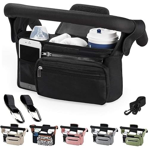 Baby Stroller Organizer, Universal Stroller Organizer with Detachable Phone Bag, Stroller Caddy with 2 Insulated Cup Holders, Buggy Organizer Bag with 2 Hooks Fits Most Strollers (Balck)