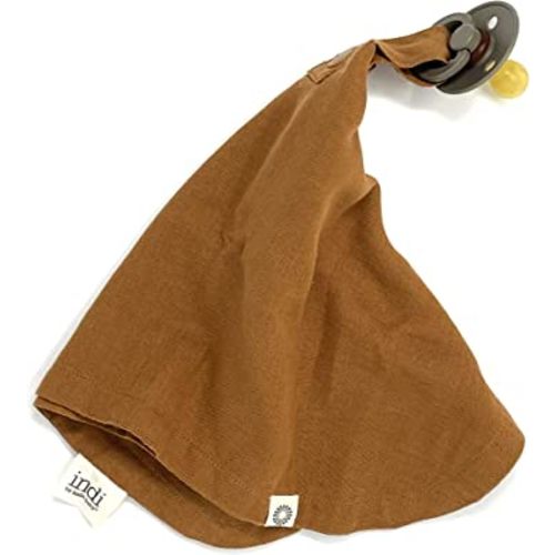 Kishu Baby Indi Organic Paci Blanket - Fairtrade & GOTS Certified 100% Organic Cotton Muslin Mini Baby Blanket with Snap to Secure Baby Pacifier - Pacifier Not Included (Caramel)
