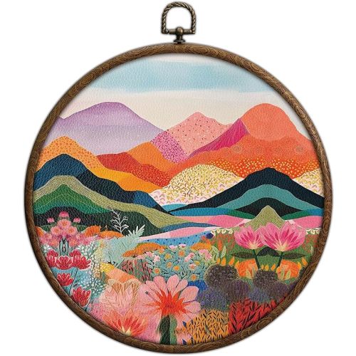 Mountain Boho Wall Decor, Colorful Round Artwork for Wall, Abstract Colorful Office Decor, Round Boho Home Decoration, Circular Hanging Art with Hooks for Living Room Bedroom Kitchen Dorm Decoration,