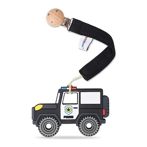 AmazingM Baby Food Grade Silicone Car Teether Toy with Pacifier Clip Holder,Teething Pain Relief Toys Gift Set for 3 Months+ Boys and Girls,Freezer Safe,BPA Free (Police Car, Black)