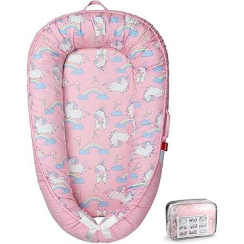 Baby Lounger - Baby Lounger for Newborn 0-24 Months, Breathable & Soft Baby Nest, Portable and Lightweight Lounger for Home and Travel, Ideal Newborn Babies Essentials (Pink-Unicorn)