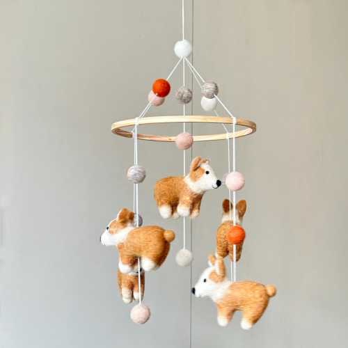 Felt Corgi Dog Baby Mobile For Nursery Decor, Baby Shower&#39;s Gift, Gift for Dog Lovers