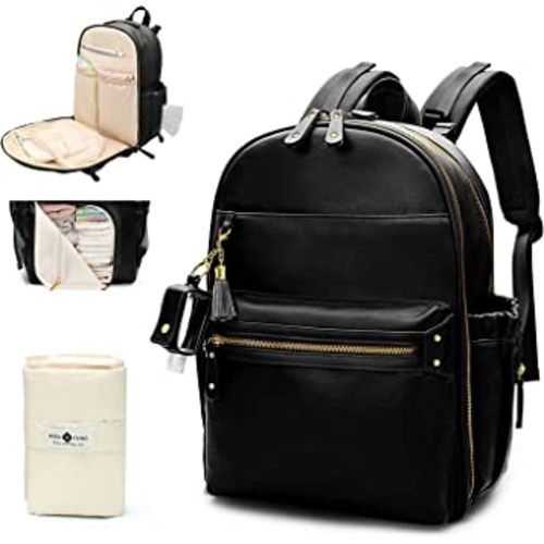 miss fong Diaper Bag Backpack Leather Diaper Bag, Baby Diaper Bag for Baby, 16 Pockets with Hand Sanitizer Holder, Changing Pad, 2 Insulated Pockets(Black)