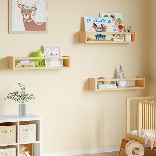 Fixwal Nursery Shelves, 16.5 Inch Floating Bookshelves for Wall Set of 3, Baby Nursery Decor, Solid Wood Wall Mounted Shelves for Books (Natural Wood)
