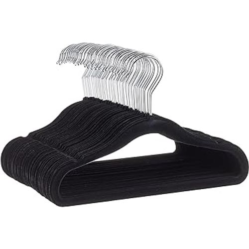 Amazon Basics Kids Velvet, Non-Slip Clothes Hangers for Infant and Toddle, 11.6 Inches (for baby clothes), Pack of 50, Black