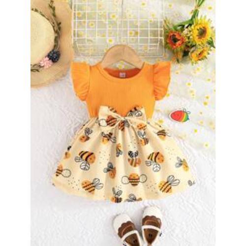 Baby Girl Summer Flutter Sleeve Dress, Lovely Bee Print With Bowknot And Stripe Design | SHEIN USA