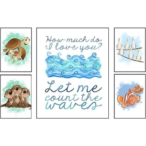 Silly Goose Gifts Nemo Fish Ocean Themed Character Wall Art Print Decor with Quotes Made in USA (Count the Waves Set of Five)