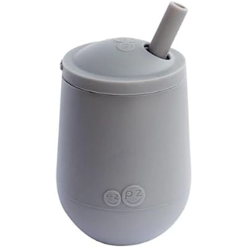 ez pz Mini Cup + Straw Training System - 100% Silicone Training Cup for Infants + Toddlers - Designed by a Pediatric Feeding Specialist - 9 Months+ (Gray)