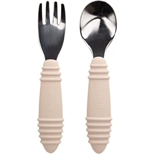 Bumkins Toddler Utensils, Kids Size Fork and Spoon Set, Silicone and Stainless-Steel Training Silverware, Angled Forks/Sporks for Self-Feeding, Children Hold Learning to Eat, 18 Mos Up, Sand Beige