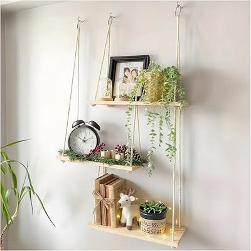 3-Tier Boho Hanging Shelves for Wall - Rustic Floating Wood Shelves with Rope, Macrame Plant Shelf Organizer for Home Bedroom, Bathroom, (3-Layer Shelf)