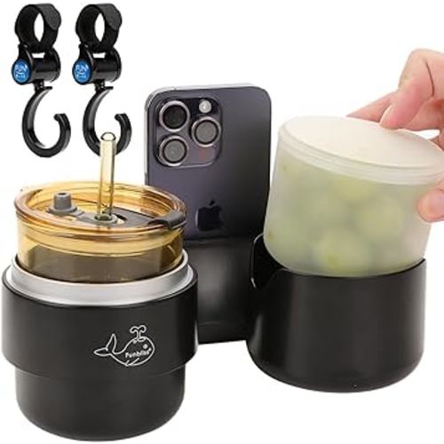 Funbliss Baby Stroller Parent Cup Holders - 4 in 1 Multifunctional Stroller Snack Tray with Phone Holder & Bonus Hooks - Removable Stroller Tray & Drink Holder,