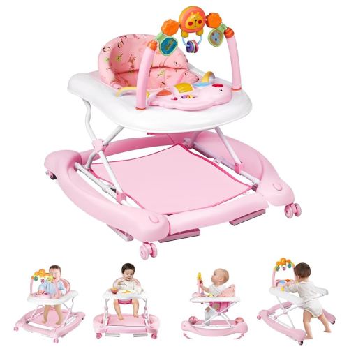 Baby Walker with Wheels, 5 in 1 Baby Walkers for Boys Girls 6-12 Months, Foldable Walker Baby with Bouncer & Feeding Tray, Music, Adjustable Heights