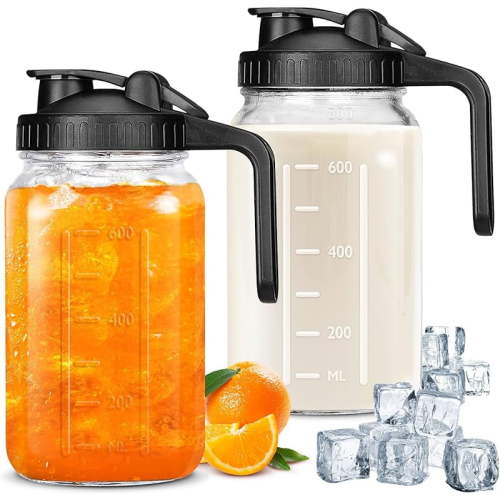 Mason Jar Pitcher, 64 OZ Breast Milk Pitcher Double Leak Proof with Pour Spout Handle, Wide Mouth Iced Tea Pitcher for Fridge, Creamer Container for Coffee, Sun Tea juice (Pink,1 Pack)