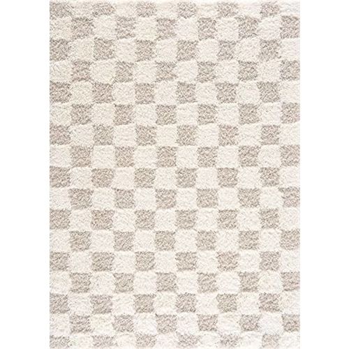 Atira Checkered Shag Area Rug - Cream, Light Beige - 5'3" x 7'3"