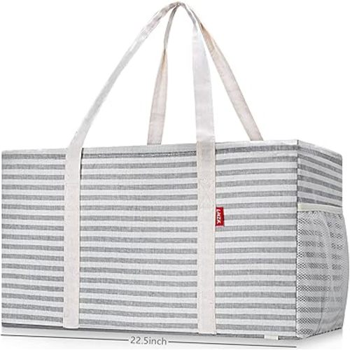 LHZK Standing Extra Large Utility Tote Bag with Metal Wire Frame and the Sides Rinforced, Reusable Grocery Bags Foldable (Gray)