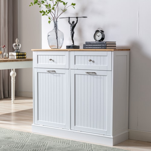 Yaoping Kitchen Double Trash Cabinet Tilt Out Free Standing Storage Can, Wood Garbage Recycling Station Hideaway Trash Holder Drawers(White-2)
