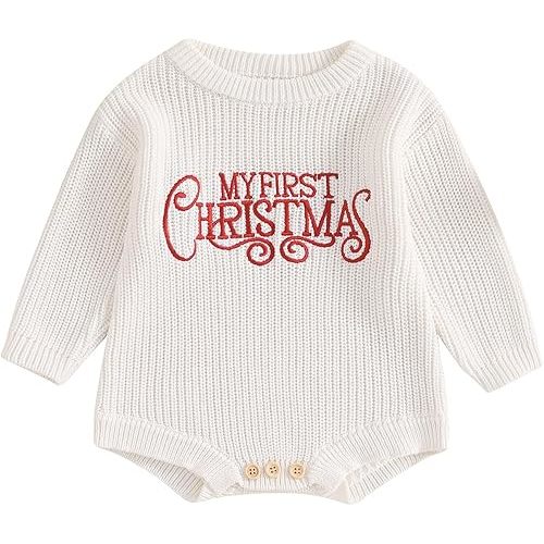 BULINGNA Newborn Infant Baby Girl Boy My First Christmas Sweater Romper Long Sleeve Cable Knit Oversized Bubble Onesie Outfit