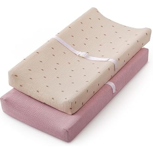 Blissful Diary Muslin Changing Pad Cover for Girls Boys, Ultra Soft Breathable Cotton, Baby Diaper Change Table Pad Covers, 2Pack (Sunshine&Blush Pink)