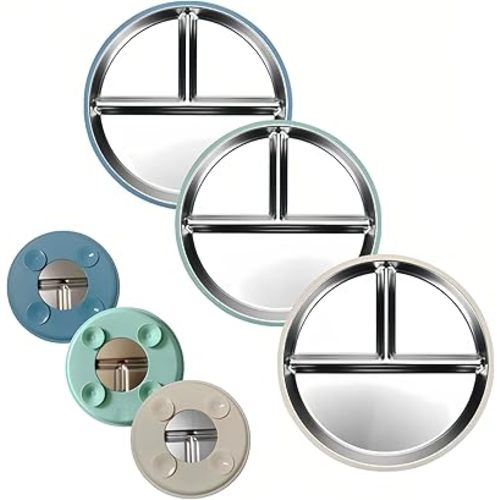 with Suction Stainless Steel Toddler Plates - 9” Divided Baby 3 pack Plates with Non-Slip Silicone BaseFood-Grade Silicone Non-Toxic, Anti Breakage Metal Toddler Bowls, Dishwasher Safe