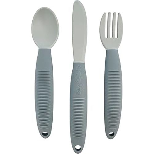 BUSY BABY Eating Utensils for Babies & Toddlers | Fork, Spoon, & Knife | Food-Grade Silicone & Tritan Plastic | Dishwasher Safe, BPA Free (Pewter)
