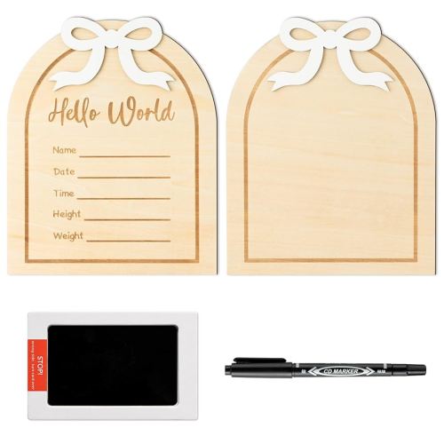 R HORSE Baby Birth Announcement Sign - 3D Coquette White Bow Wooden Baby Birth Sign with Marker Pen and Ink Pad for Hand and Footprints Newborn Name Announcement for Unisex Nursery Decor Keepsake Gift