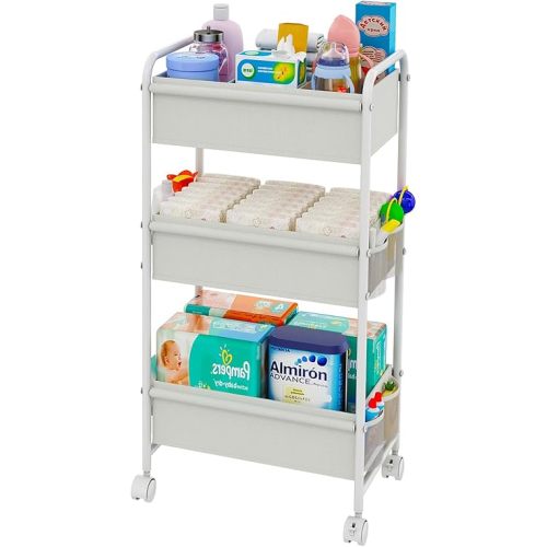 3-Tier Baby Diaper Caddy Cart Organizer with 2 Dividers & 8 Mesh Pockets - Mobile Nursery Storage Cart with Wheels, Durable Metal Utility Cart for Nursery, Bedroom, Bathroom Essentials Organization