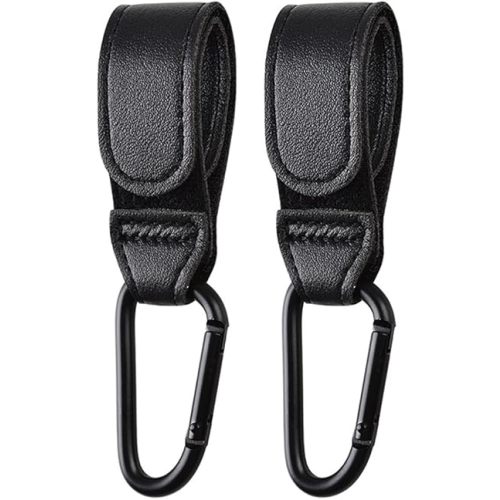 2PCS Stroller Hook Accessories, Multipurpose Stroller Bag Hook, Award Winning Leather Stroller Clip (Black)