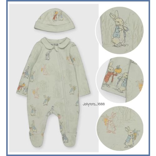 Baby Boys Beatrix Potter Green Peter Rabbit Sleepsuit &amp; Hat 2pc Set 9-18 Months