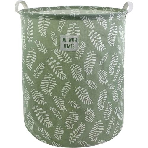 Mziart Large Foldable Laundry Basket Organizer, Collapsible Laundry Hamper Fabric Clothes Toy Storage Basket Nursery Hamper Storage Bin for Household Bedroom, Bathroom, College Dorm (Small White Leaf)