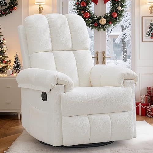 Recliner Chair, Swivel Rocker Recliner Chair for Adults, Small Recliners for Small Spaces, Upholstered Manual Recliner with Side Pockets, Nursery Rocking Chair for Living Room, Chenille, Beige