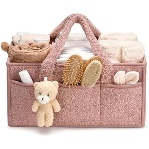 Baby Nappy Caddy Portable Storage Basket for Diapers and Wipes,Car Caddy Organizer,Nursery Diaper Organizer (Light Pink)