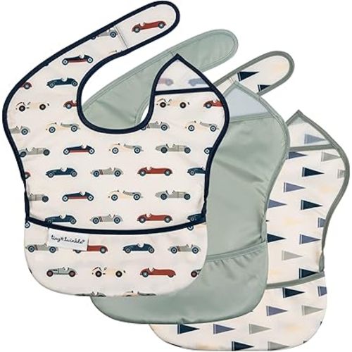 Tiny Twinkle Mess-Proof Baby Bibs for Eating | Waterproof, Wipeable Toddler Bibs with Catch-All Pocket | Feeding Bibs for Girls & Boys(3 Pack,Vintage Cars,Varsity Flags)