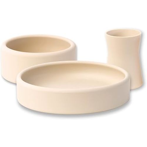 Silicone Plate, Bowl & Cup Set for Babies and Toddlers, Weighted, Baby Feeding Set, Baby Led Weaning Supplies, Set of 3, Oat Cream