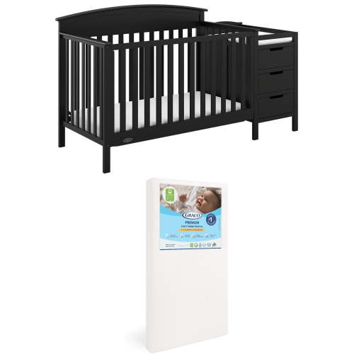 Graco Benton 4-in-1 Convertible Crib and Changer and Premium Crib & Toddler Mattress Bundle, Black