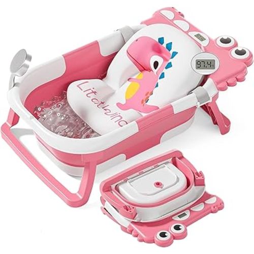 TPN Collapsible Baby Bathtub, Baby Bath Tub with Soft Cushion & Real-Time Thermometer, Baby Bathtub Infant to Toddler Tub (0-36 Months), Portable Travel Baby Tubs for Newborns (Pink)