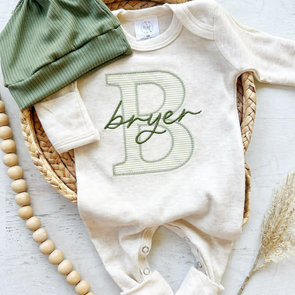 Personalized Baby Boy Outfit | Oatmeal Romper Light Green Stripe Big L – Wonderfully Made
