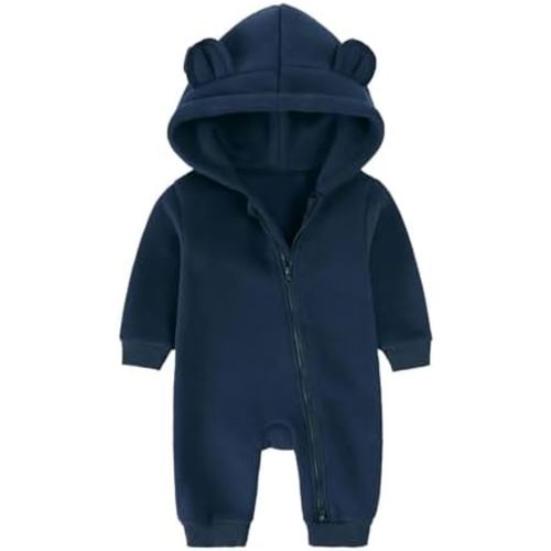 Newborn Baby Jumpsuit Bear Ear Hooded Fleece Rompers Long Sleeve 2 Way Zipper Winter Warm Outwear Outfits